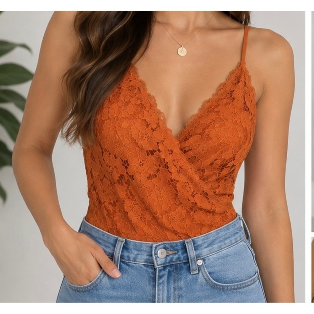 Lace Bodysuit Orange Adjustable Straps V-Neck Snap Closure Top Size-S